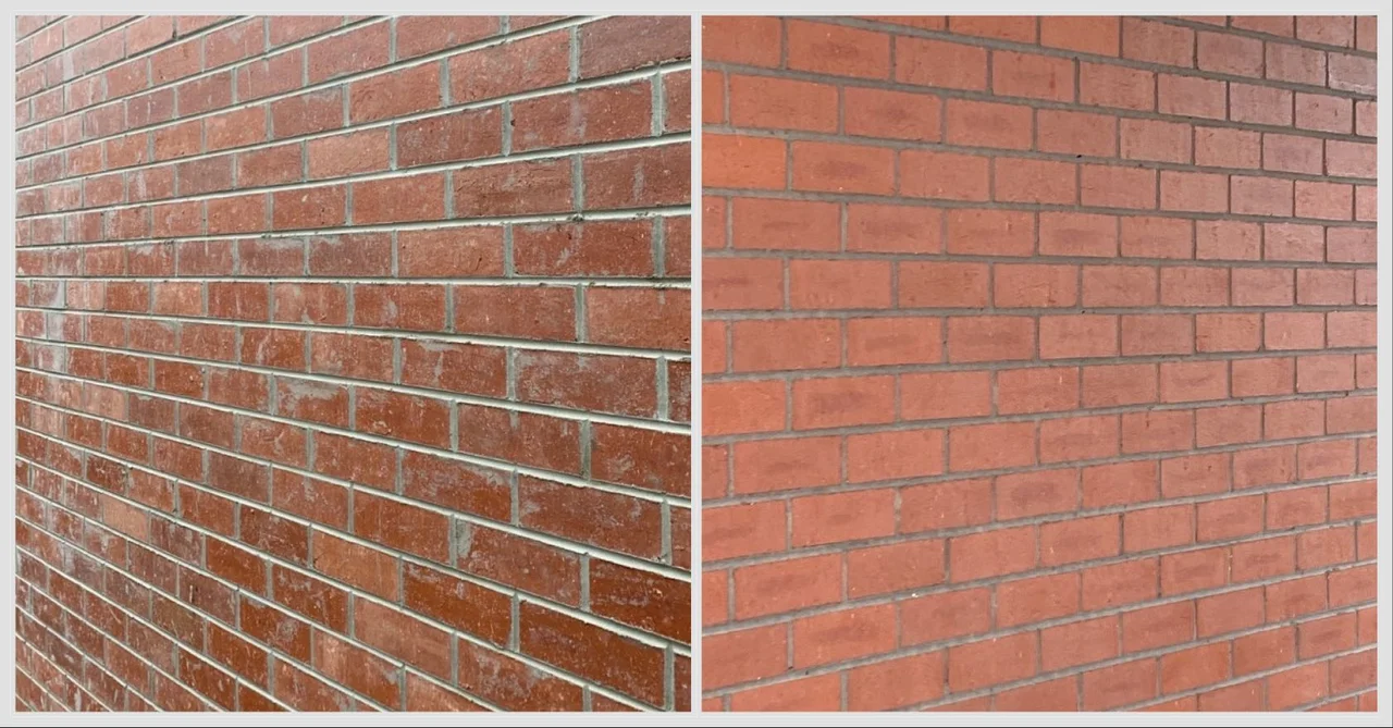 Red brick wall before and after an acid wash, side by side