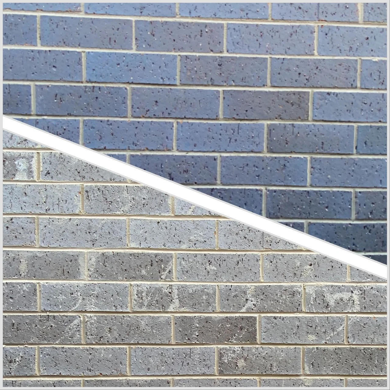 Grey brick wall before and after cleaning, diagonal split