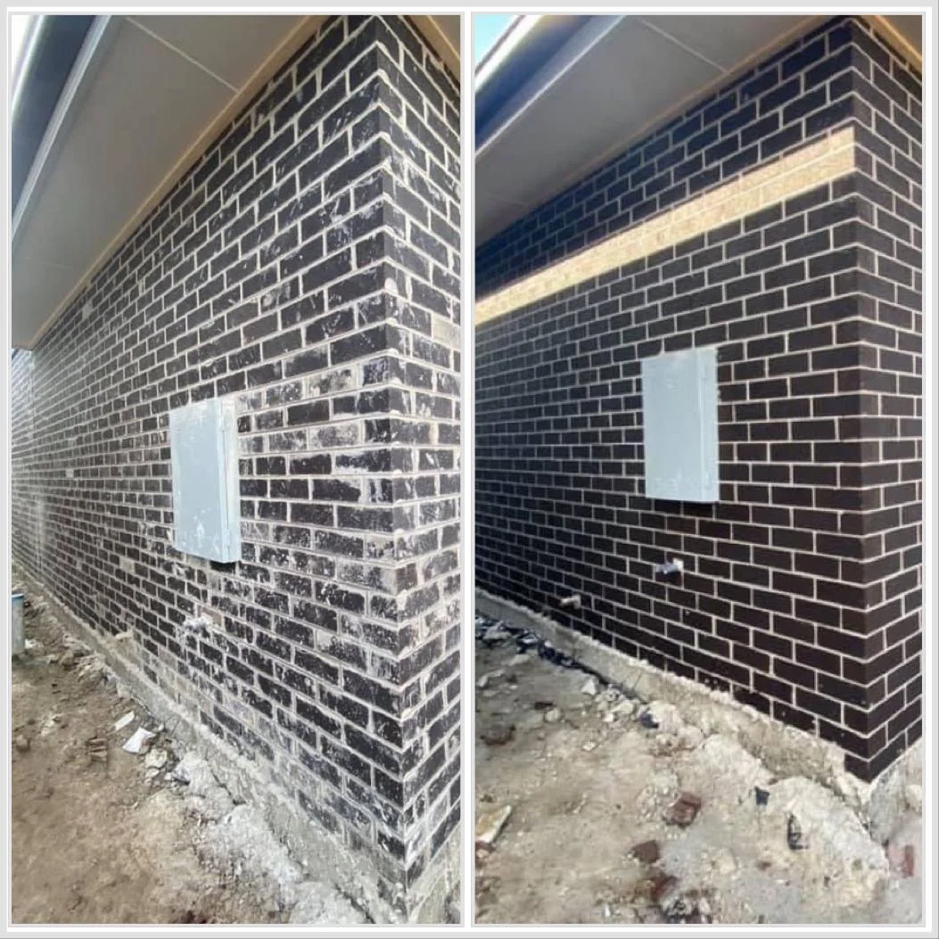 Dark brick wall before and after cleaning, side by side
