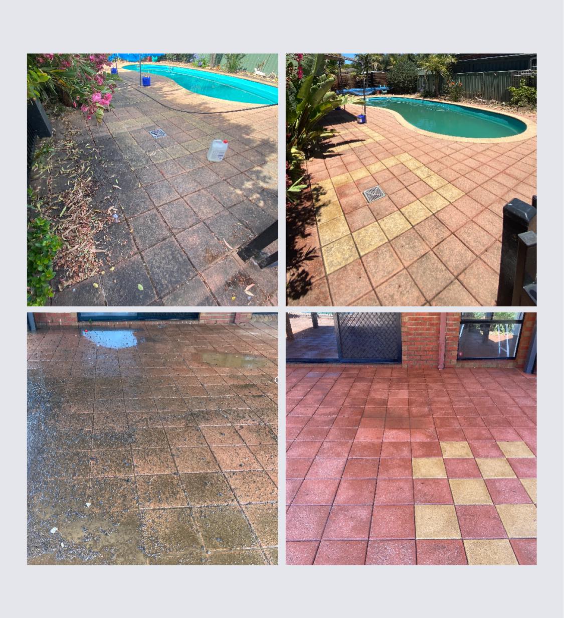 Clay pavers around a swimming pool, shown stained and after a clean.