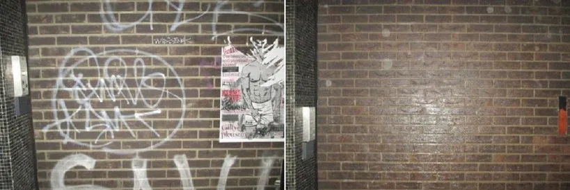 Brown brick wall with graffiti tags beside the same wall after the paint was removed.