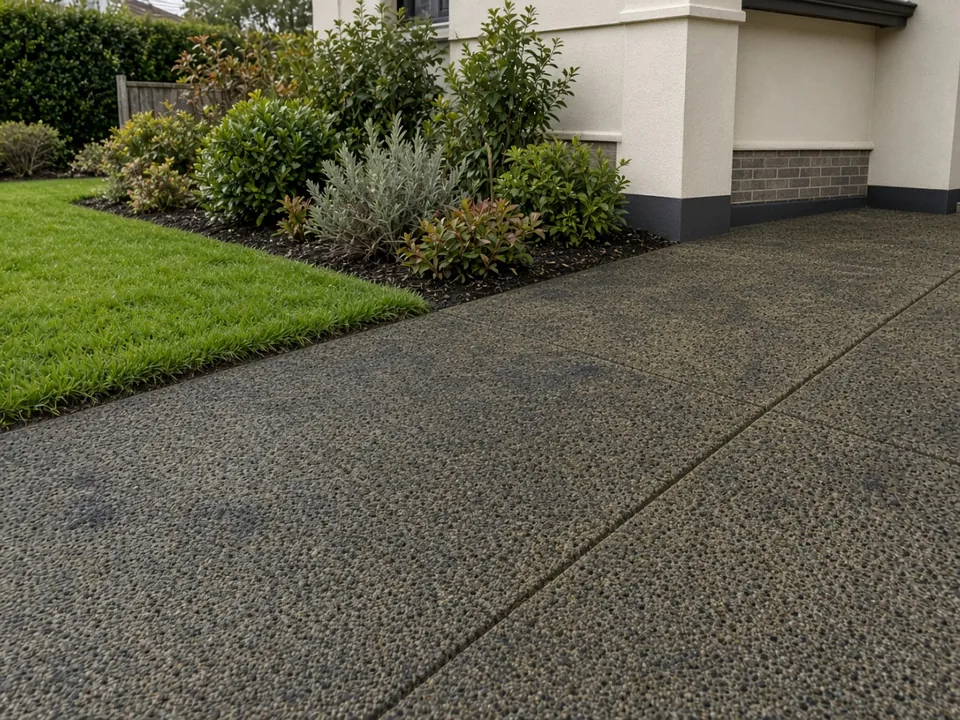 exposed aggregate path darkened by mould and dirt