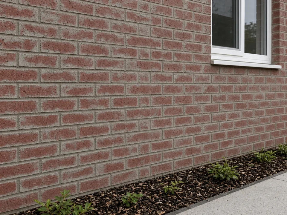 red brick wall with grey mortar smears and cement haze