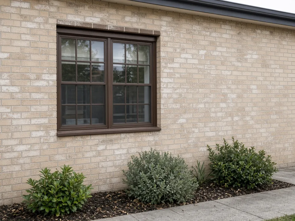 cream brick wall with white efflorescence and grime