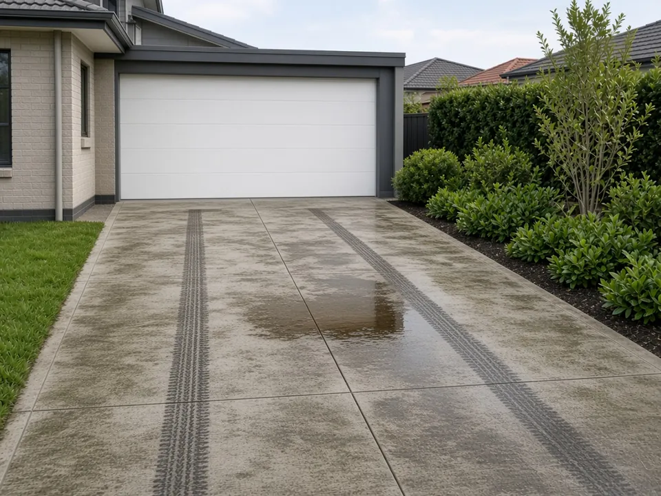 concrete driveway with dark algae, tyre marks and oil stains
