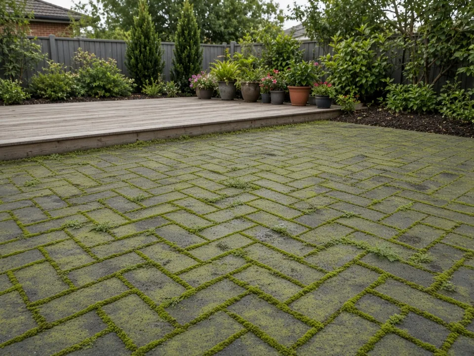paved patio with moss in the joints and a green film