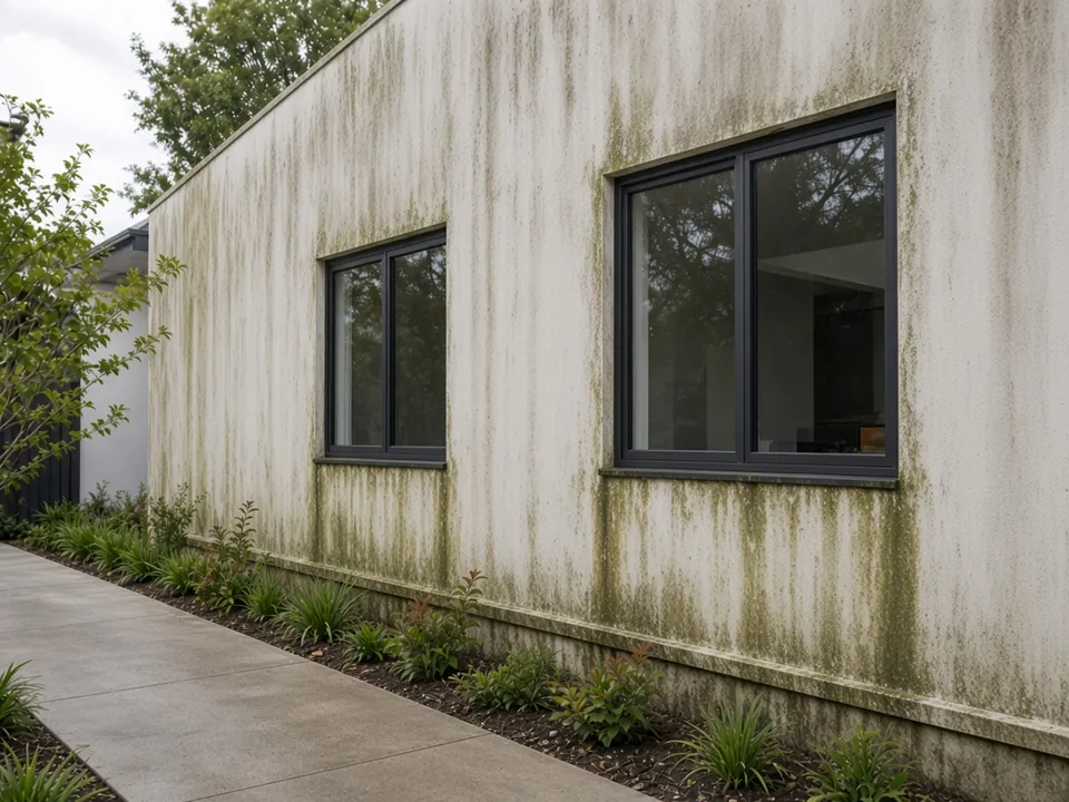 white rendered wall with green and black mould streaks