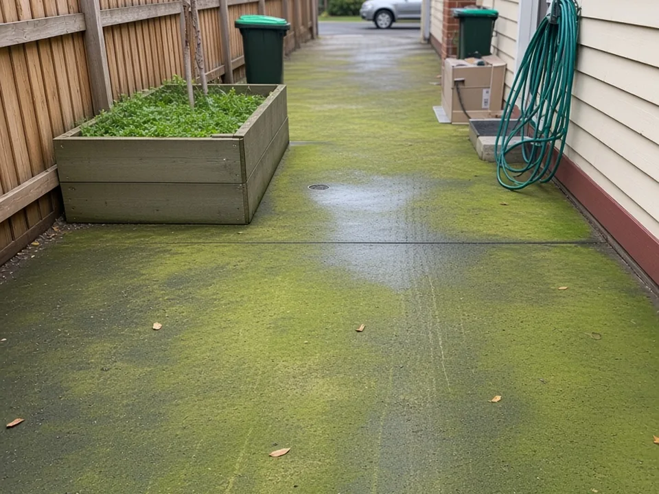 concrete side path covered in green moss and algae