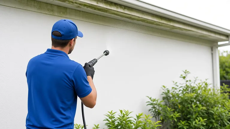 Low-pressure soft wash on a white rendered wall under the eaves