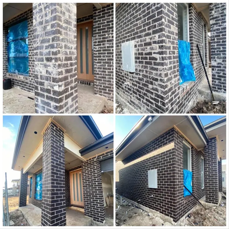 Four panels of new-build dark brick before and after cleaning