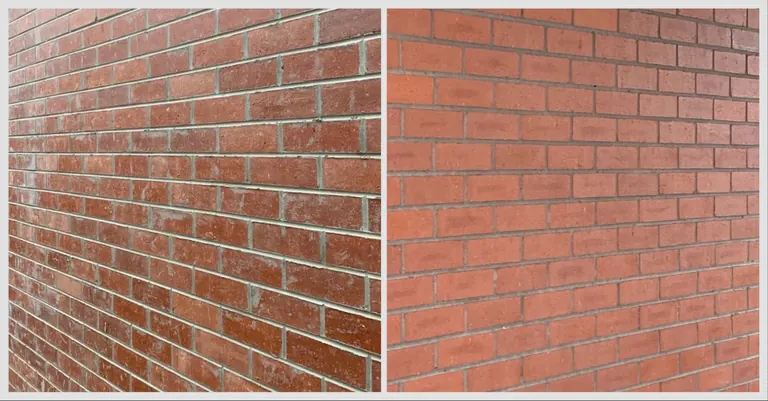 Red brick wall before and after an acid wash, side by side
