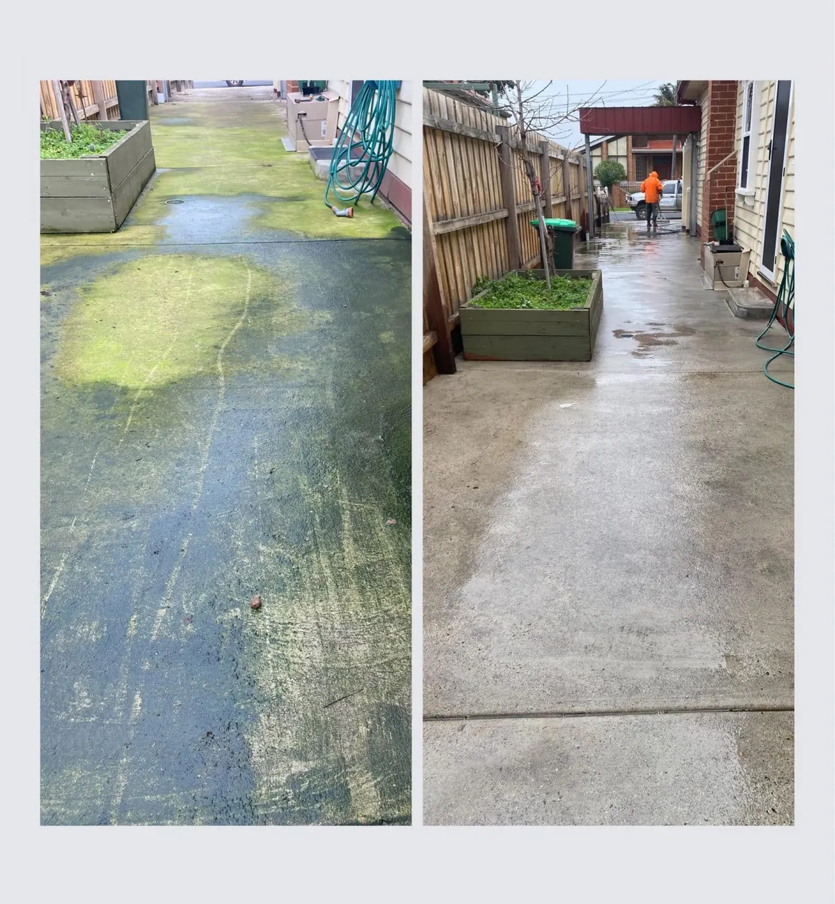 Concrete side path: moss and algae on one side, cleaned concrete on the other