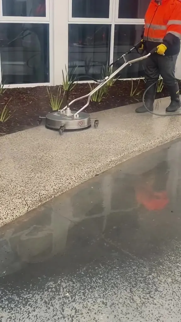 Operator washing an exposed aggregate path
